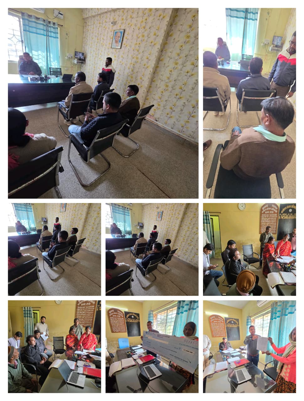 जनता दरबार में अधिकारी के सामने बैठे नागरिक, विभिन्न राजस्व मामलों पर सुनवाई और समाधान प्रक्रिया, तथा मुआवजा राशि का चेक प्राप्त करते हुए लाभुकों का दृश्य।