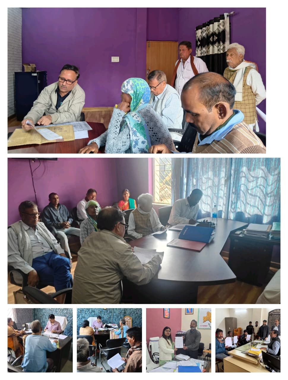 जनता दरबार में ग्रामीणों और अधिकारियों के बीच दस्तावेज़ों की जाँच, आवेदन सुनवाई, और राजस्व से संबंधित समस्याओं के समाधान की प्रक्रिया को दर्शाता दृश्य।