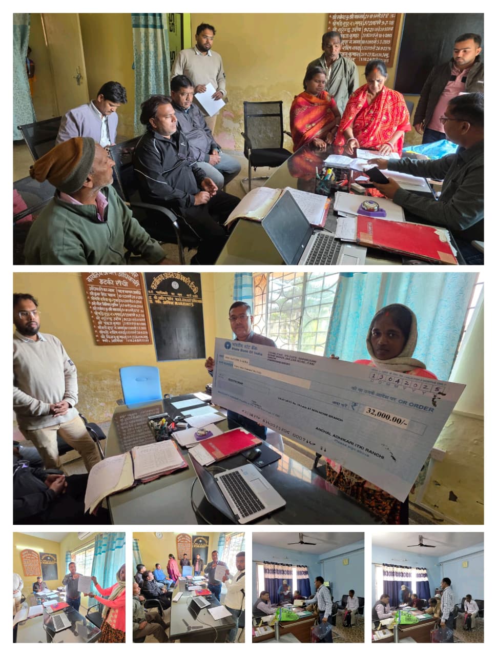 जनता दरबार के दौरान मौजूद नागरिक एवं अधिकारी, लंबित आवेदनों की समीक्षा, दस्तावेज़ सत्यापन और चेक वितरण जैसी प्रक्रियाओं का चित्रण।